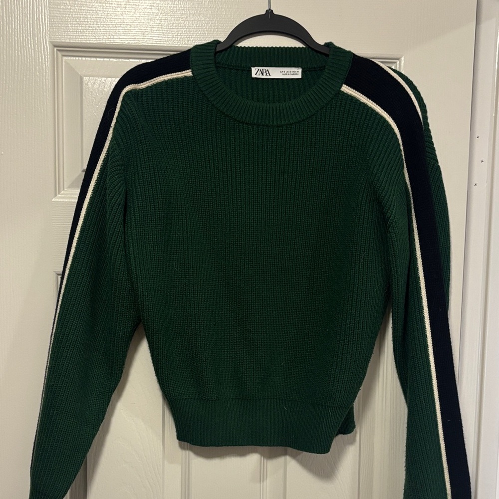 Zara Forest Green Sweater with Contrasting Stripes
